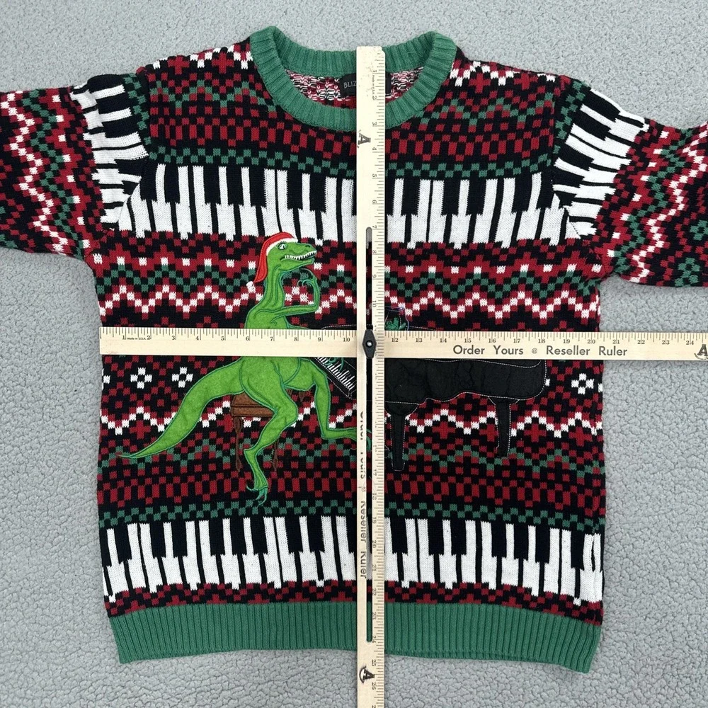 Blizzard Bay Ugly Christmas Sweater Men Medium Dinosaur Raptor Playing Piano AOP